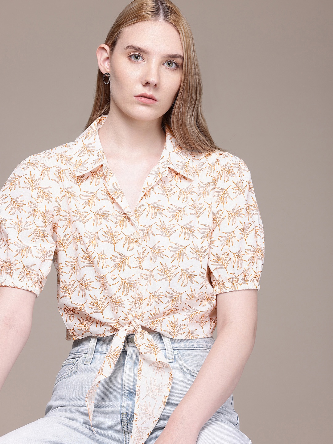 

French Connection Premium Floral Printed Cotton Linen Casual Shirt with Tie-Up Detail, Off white