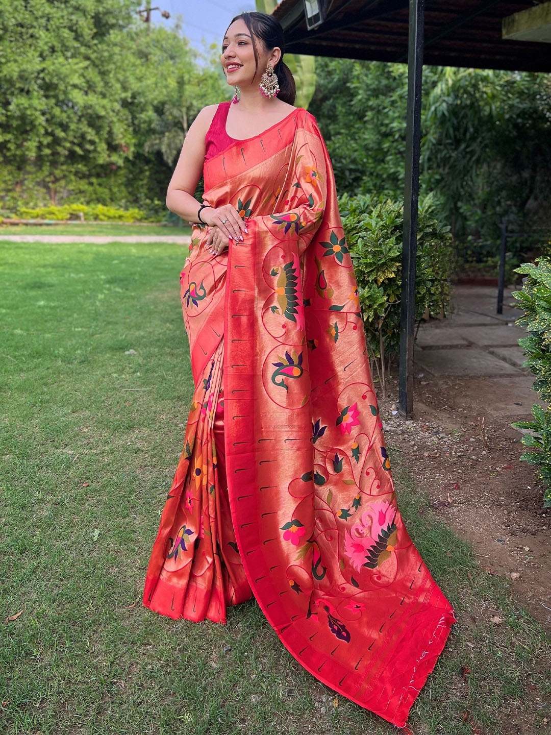 

Munir Ethnic Motifs Woven Design Zari Paithani Saree, Red