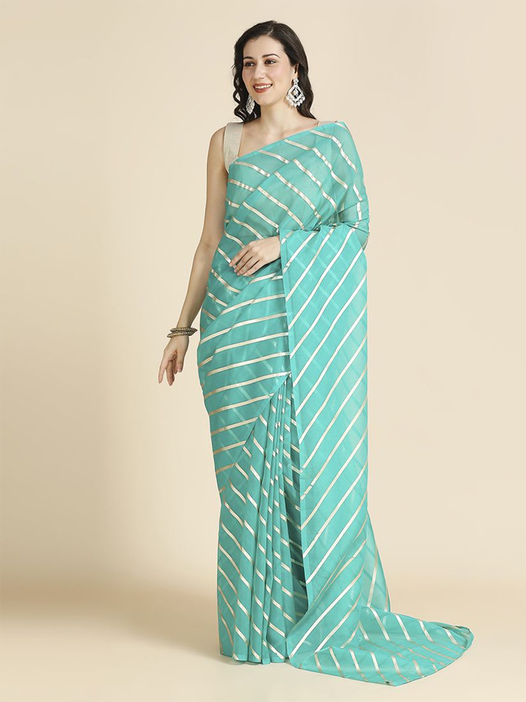 

ASISA Striped Organza Party Saree, Turquoise blue