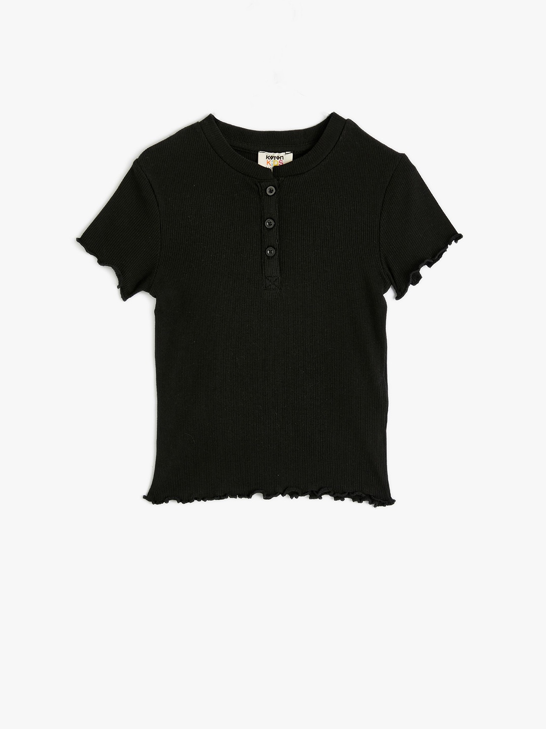 

Koton Girls Solid Raw Edge Button Closure T-shirt, Black