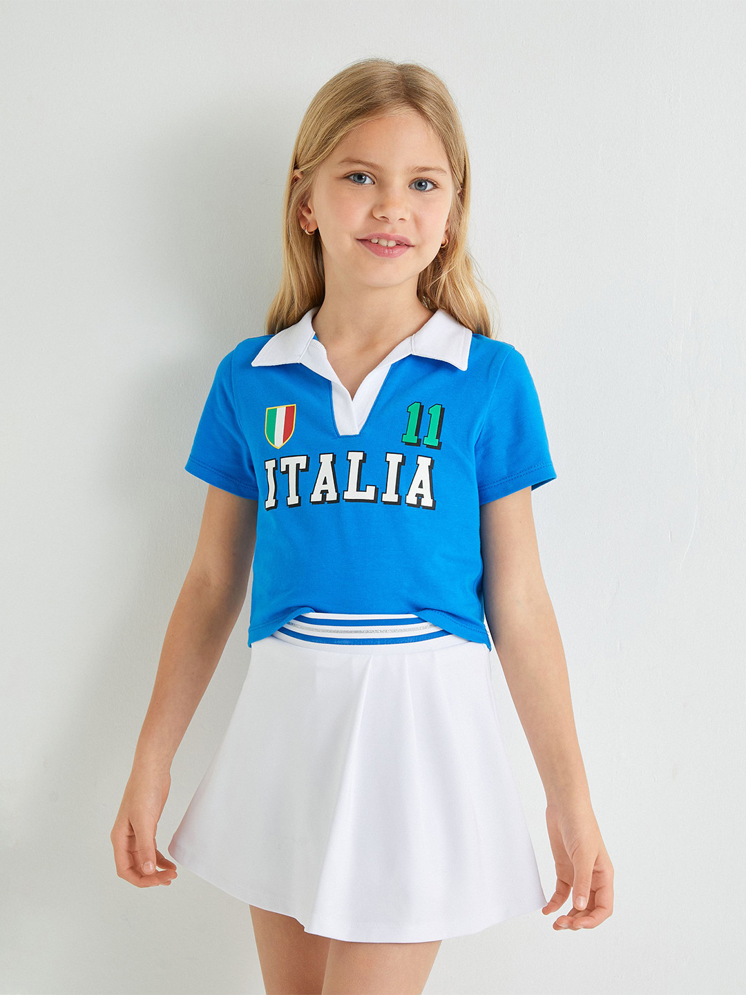 

Koton Girls Typography Printed Polo Collar T-shirt, Blue