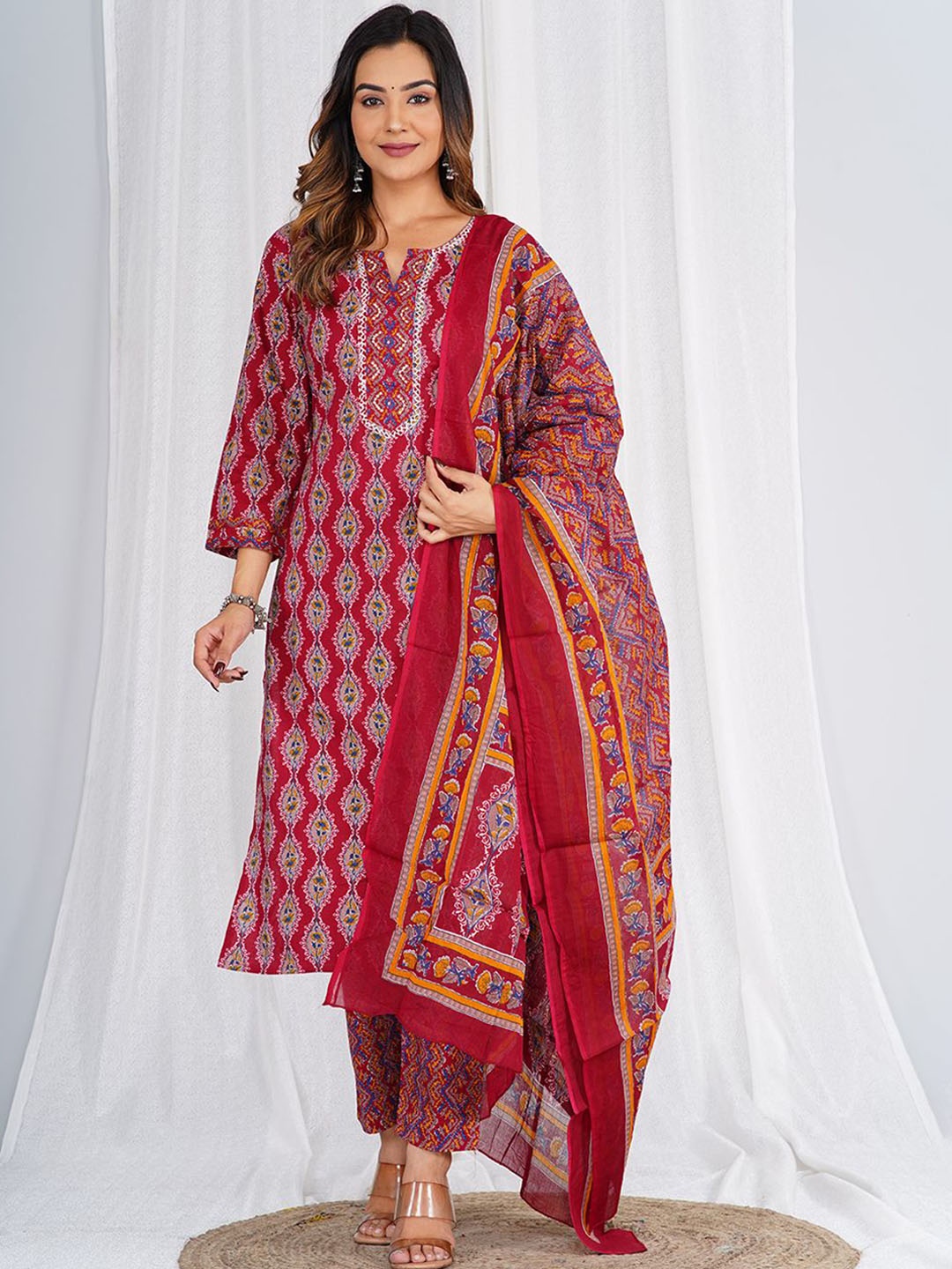 

KALINI Ethnic Motifs Printed Pure Cotton Straight Kurta With Trousers & Dupatta, Maroon