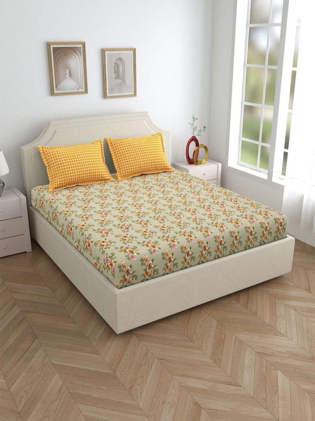 

Salona Bichona Yellow&Green Floral Cotton Fitted 144 TC King Bedsheet with 2 Pillow Covers