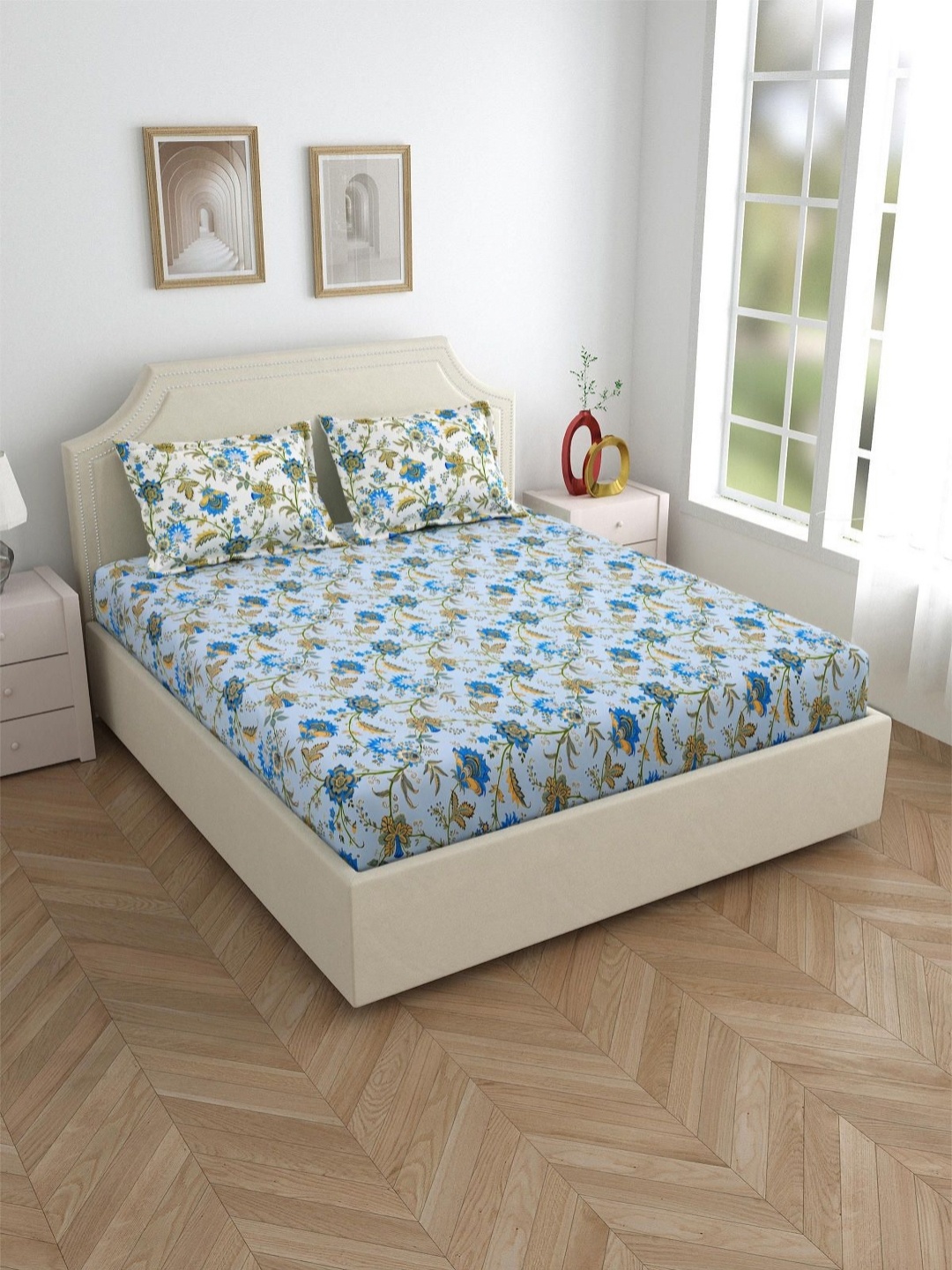 

Salona Bichona Blue Printed 144 TC Pure Cotton Fitted King Bedsheet with 2 Pillow Covers