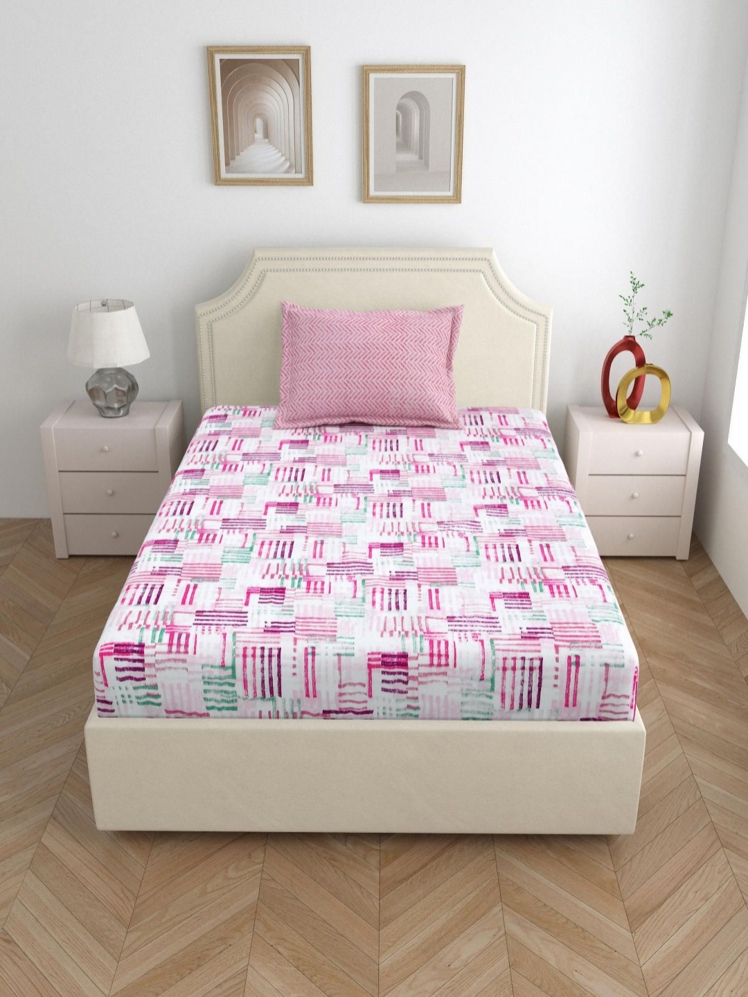 

Salona Bichona White & Pink Printed 144 TC Pure Cotton Single Bedsheet & 1 Pillow Covers