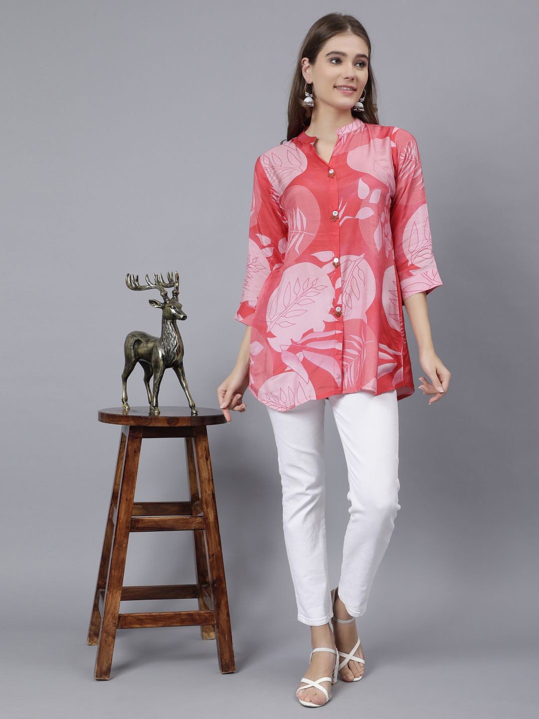 

STUNICS Floral Printed Mandarin Collar Cotton Tunic, Mustard