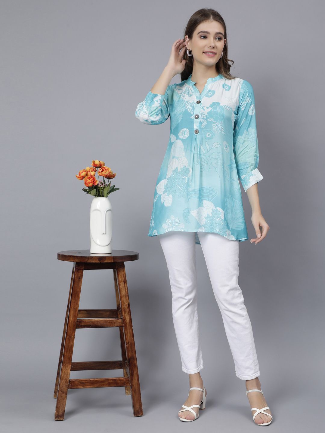 

STUNICS Mandarin Collar Printed Three-Quarter Sleeves Tunic, Blue