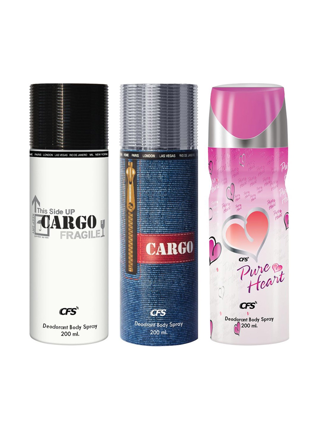 

CFS Set Of 3 Cargo & Pure Heart Pink Deodorant Body Spray - 200ml Each, Black