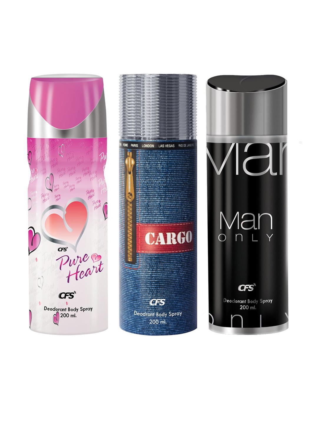

CFS Set Of 3 Pure Heart Cargo & Man Only Deodorant Body Spray - 200ml Each, Black