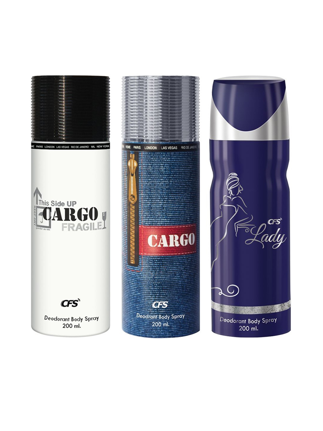

CFS Set Of 3 Cargo White, Cargo Blue & Lady Deodorant Body Spray - 200ml Each, Black