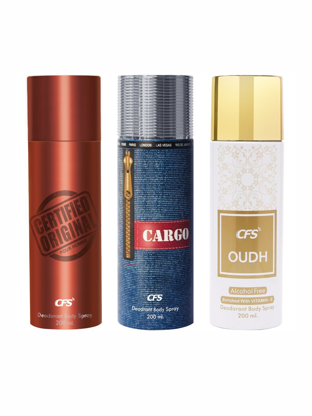 

CFS Set Of 3 Certified Original, Cargo & Oudh Deodorant Body Spray - 200ml Each, Black