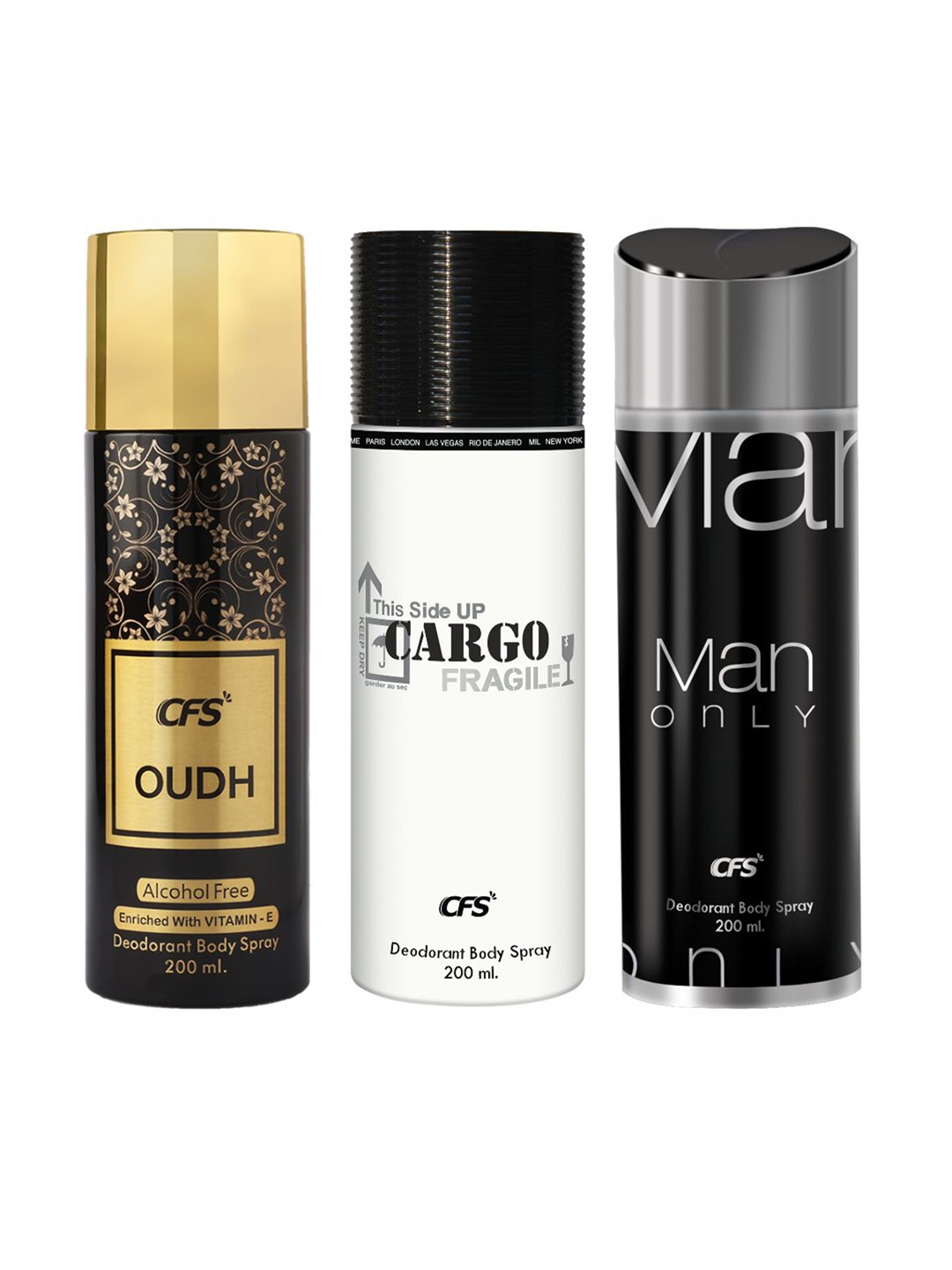 

CFS Set Of 3 Cargo Oudh & Man Only Long Lasting Body Spray - 200 ml Each, White