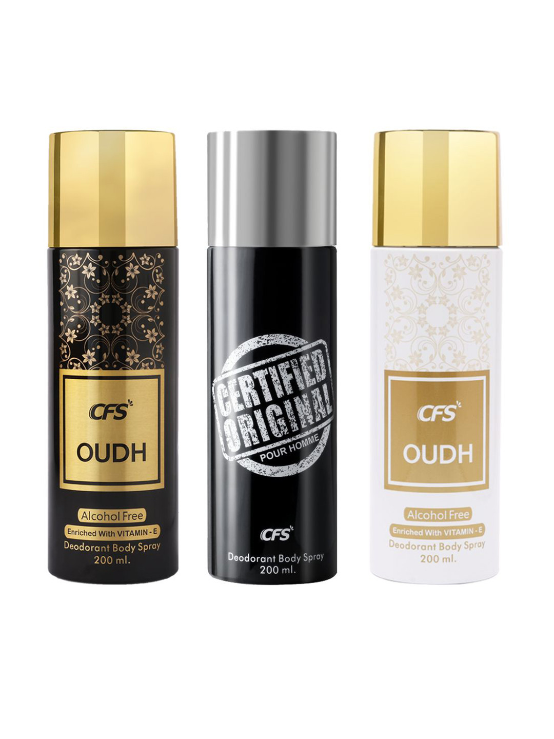

CFS Oud Black, Certified Original & Oudh White Set Of 3 Deodorant Body Spray - 200ml Each