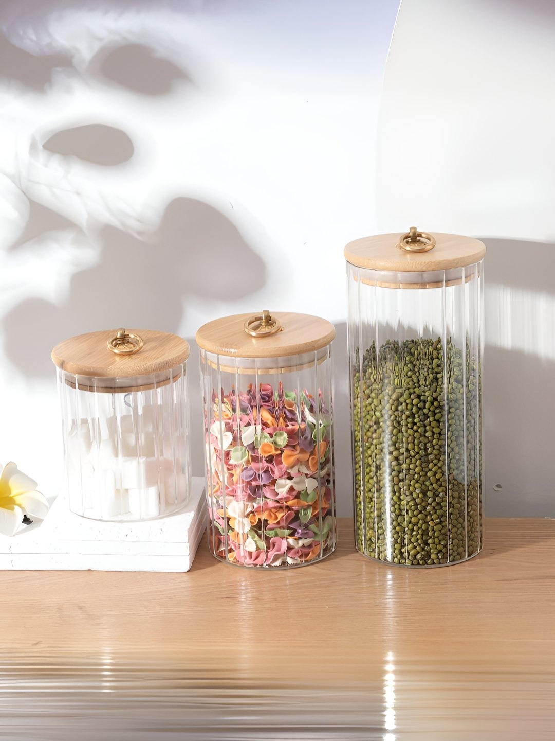 

Kuber Industries Transparent 3 Pieces Glass & Bamboo Lid Containers
