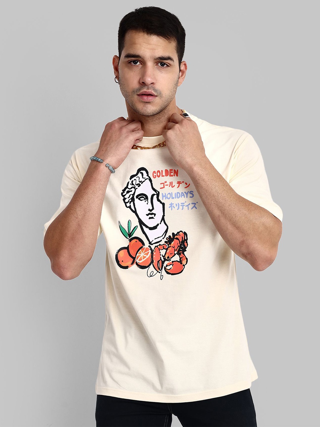 

TOMHIDDLE Men Printed Hooded Drop-Shoulder Sleeves T-shirt, Cream