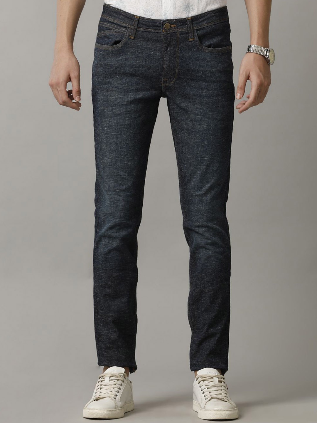 

Cavallo by Linen Club Men Solid Cotton Linen Skinny Fit Jeans, Blue