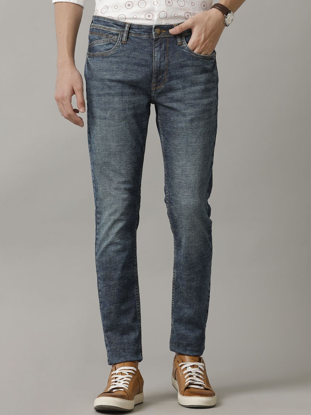 

Cavallo by Linen Club Men Solid Cotton Linen Skinny Fit Jeans, Blue