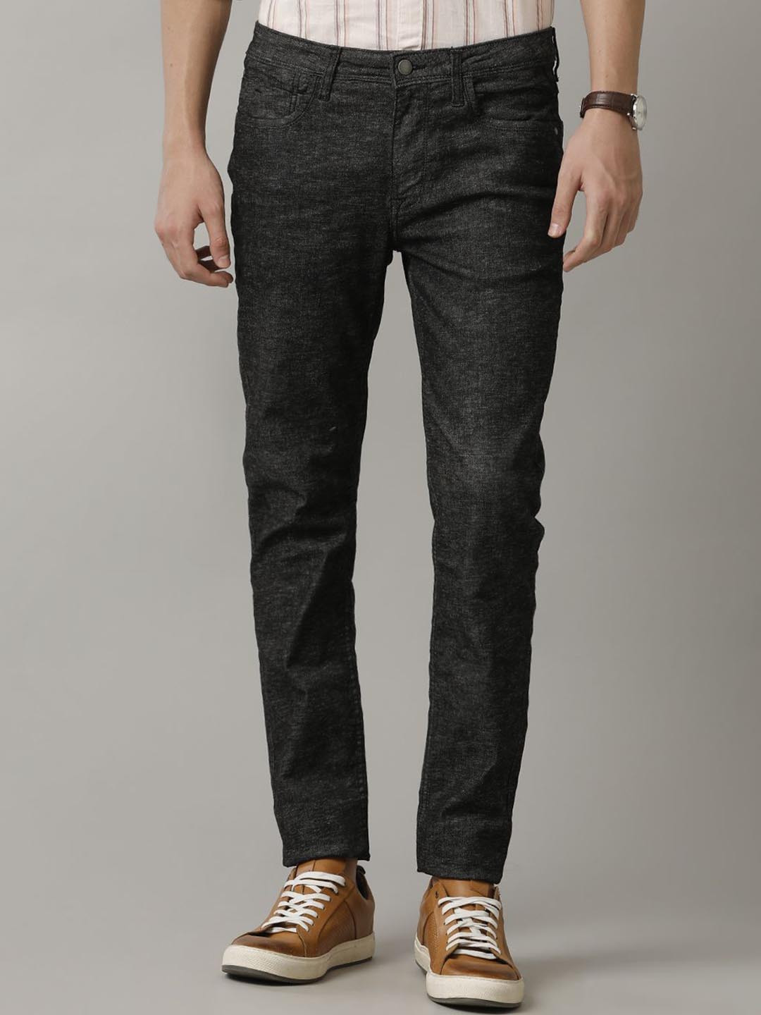 

Cavallo by Linen Club Men Solid Cotton Linen Skinny Fit Jeans, Black