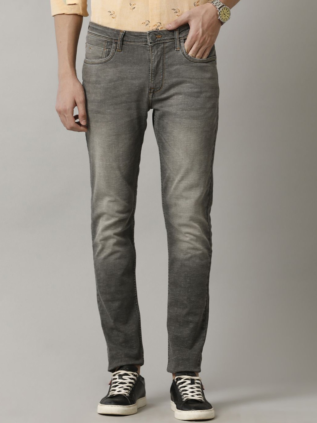 

Cavallo by Linen Club Men Solid Cotton Linen Skinny Fit Jeans, Grey