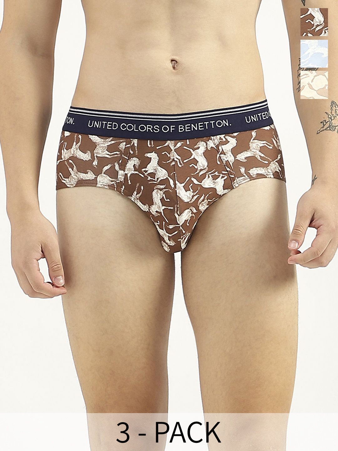 

United Colors of Benetton Pack Of 3 Printed Ribbed Basic Briefs 24P3PRINT004I901XS, Blue