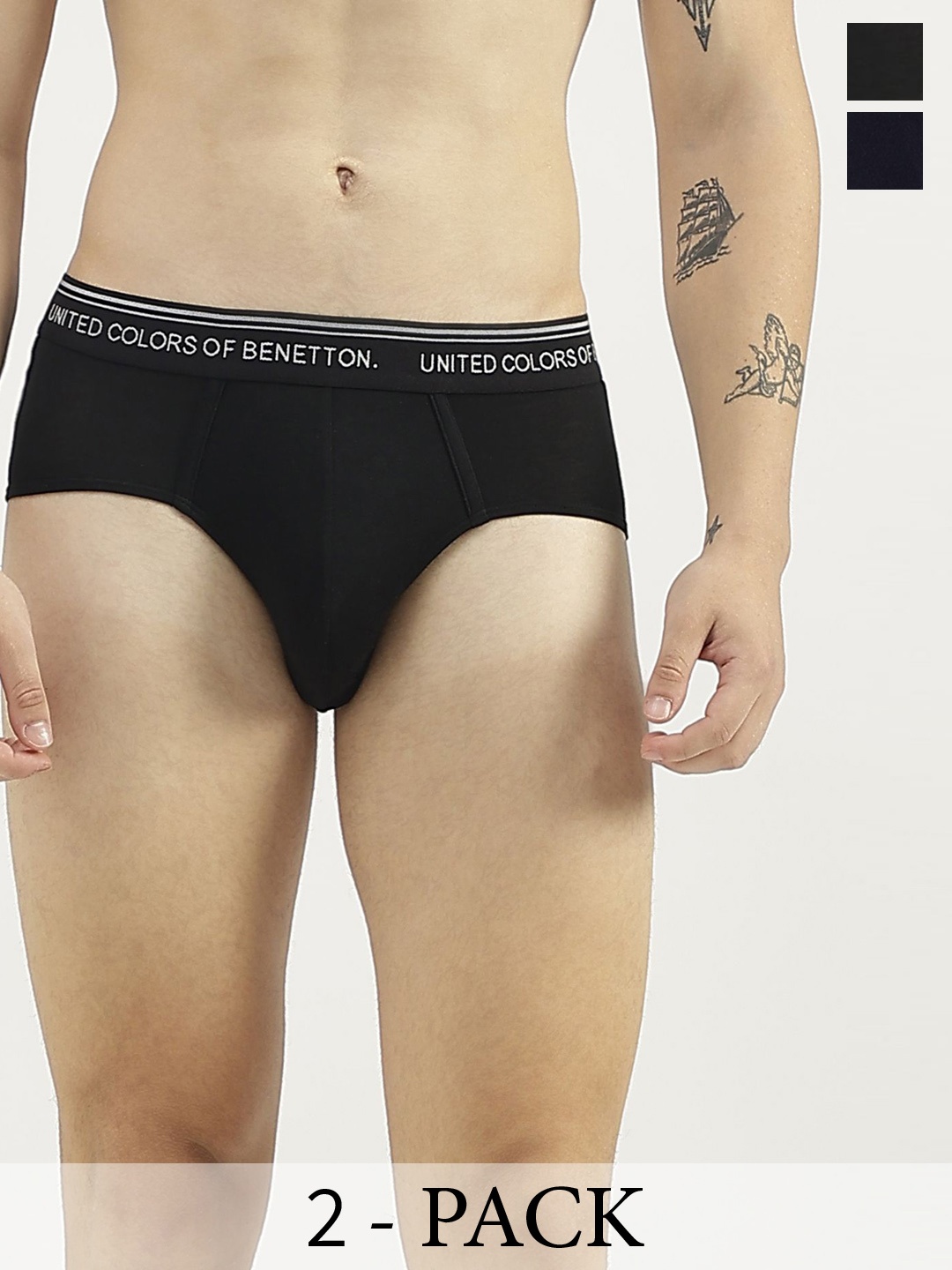

United Colors of Benetton Pack Of 2 Low Rise Basic Briefs 24P3MODAL008I901XS, Black