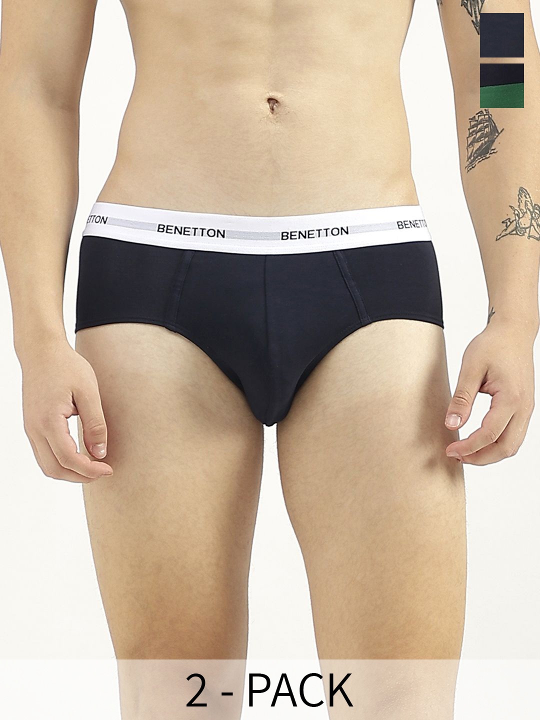 

United Colors of Benetton Pack Of 2 Striped Basic Briefs 24P3STRISL02I902XS, Green
