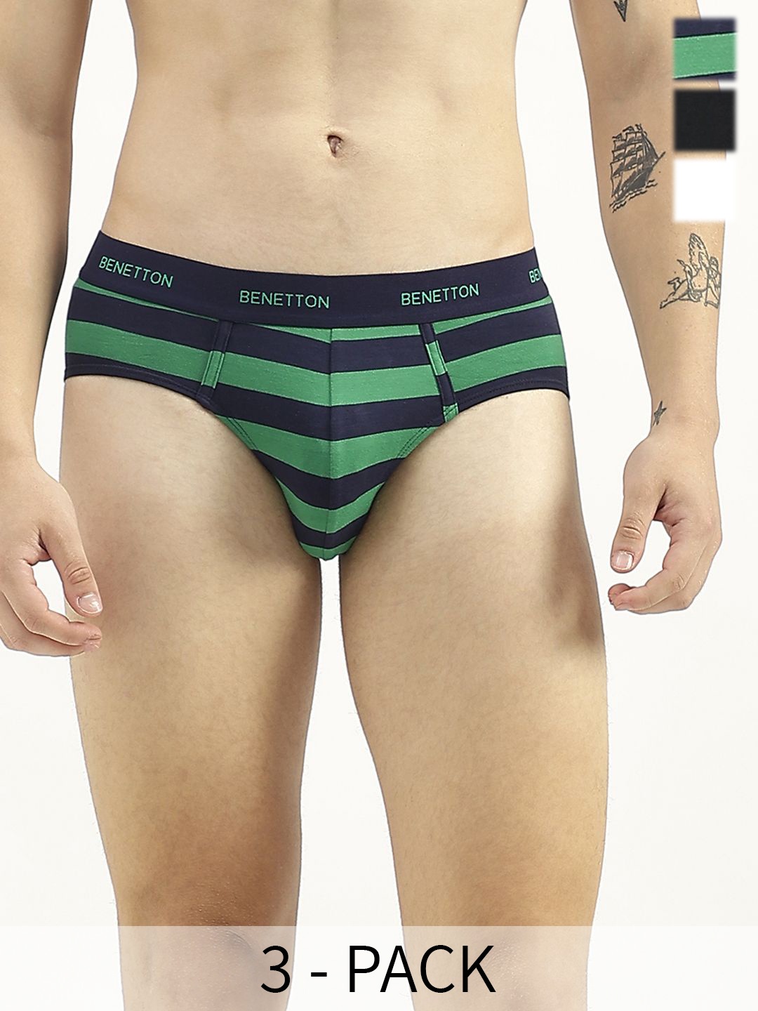 

United Colors of Benetton Pack Of 3 Striped Low-Rise Basic Briefs 24P3SOLID010I901XS, Black