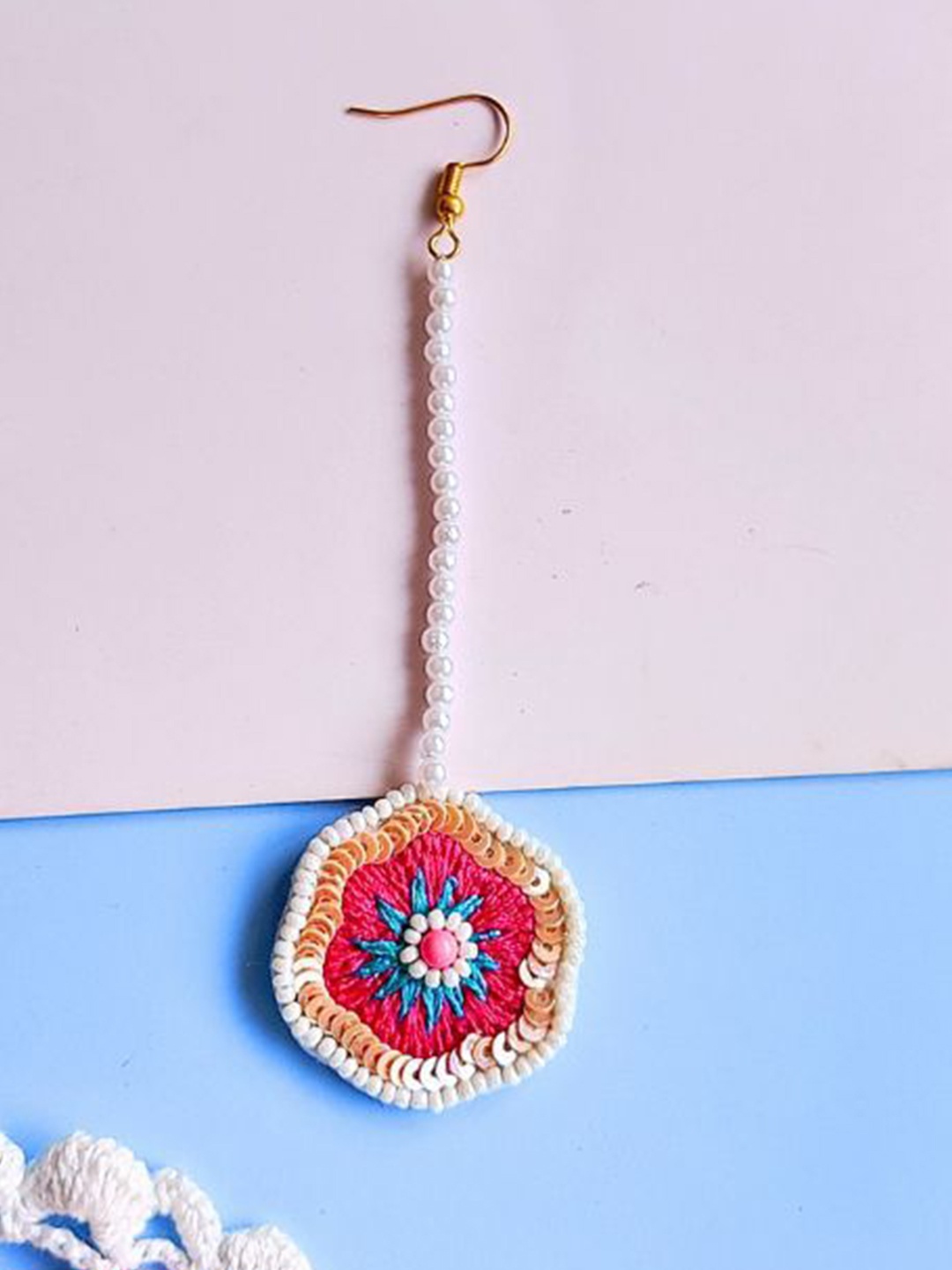 

Sangria Red & Blue Floral Beaded Sequinned Maangtika