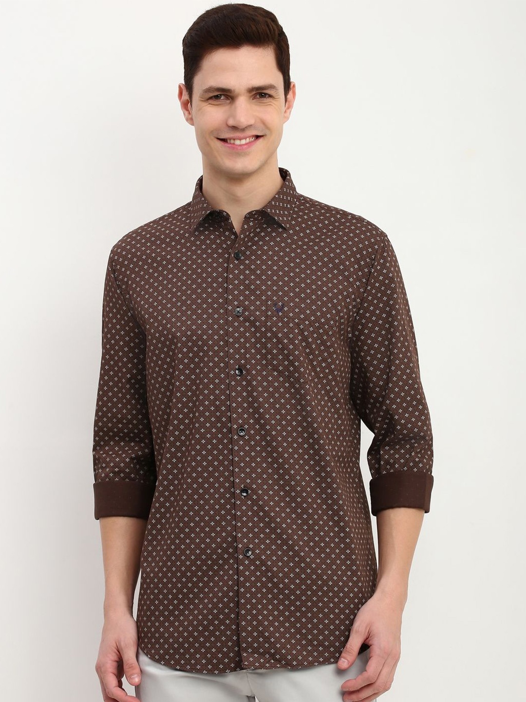 

Allen Solly Men Slim Fit Opaque Printed Casual Shirt, Brown