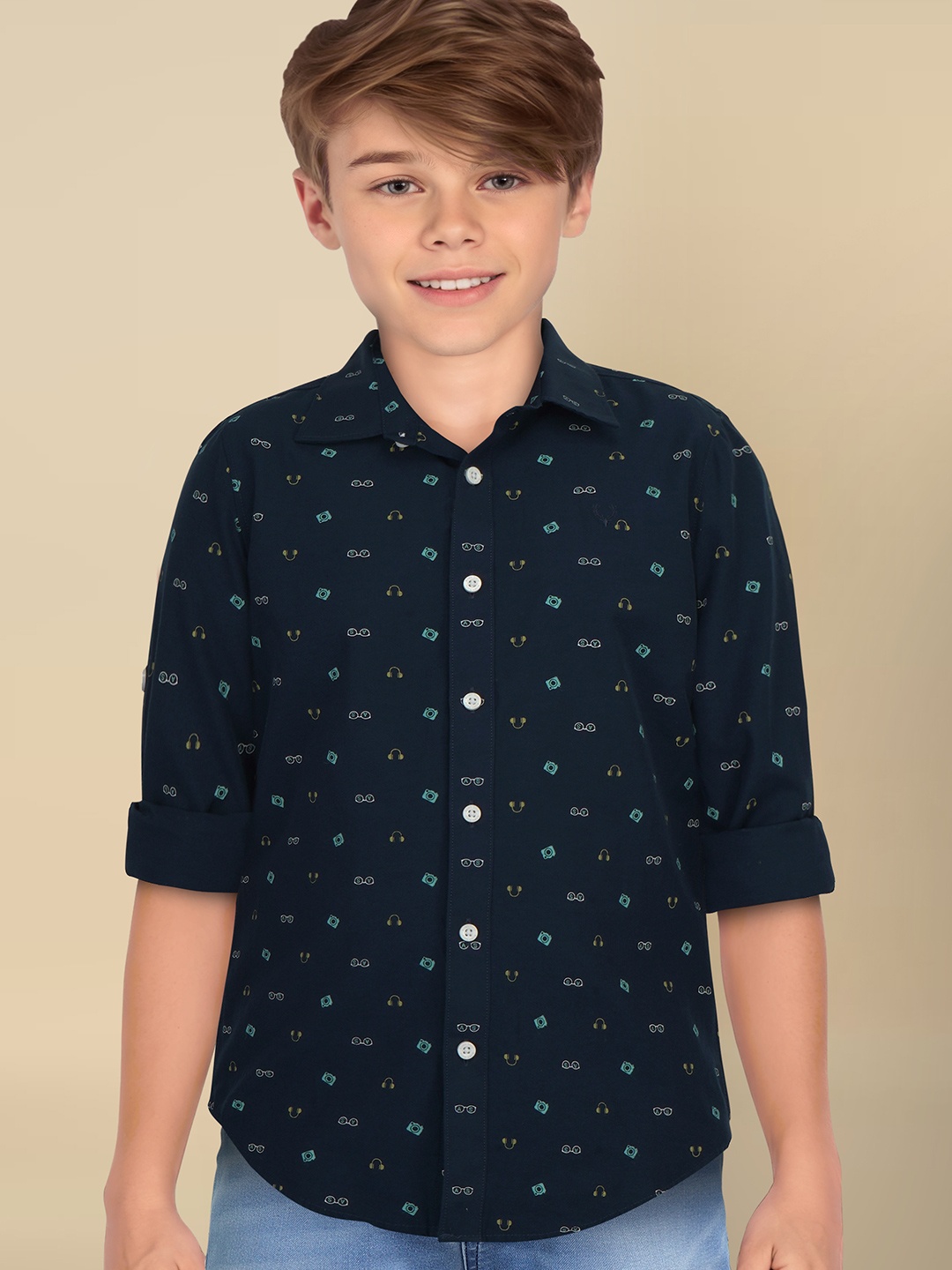 

Allen Solly Junior Boys Slim Fit Opaque Printed Casual Shirt, Navy blue