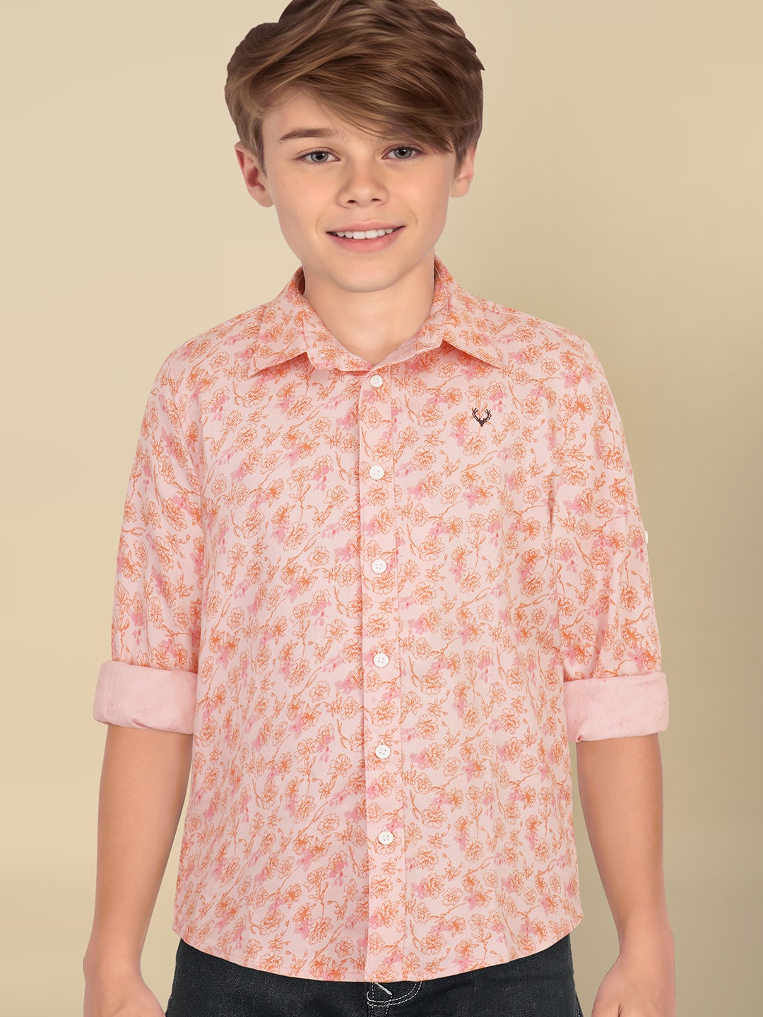 Allen Solly Junior Boys Slim Fit Floral Opaque Printed Casual Shirt, Pink