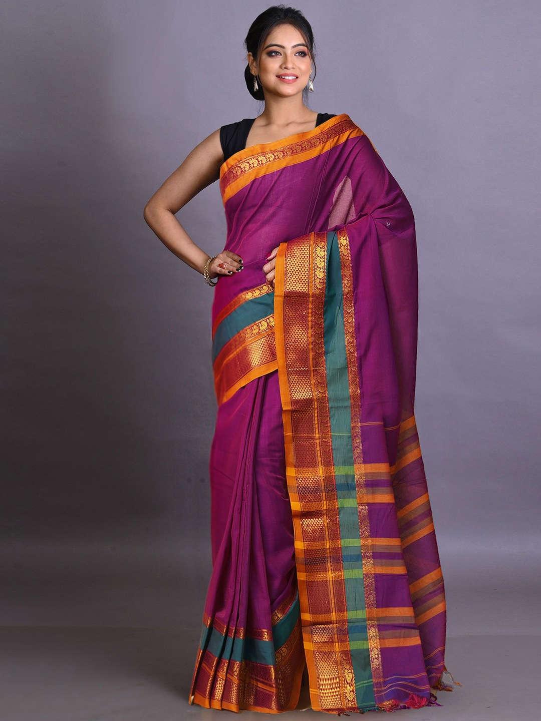 

Unnati Silks Zari Pure Cotton Handloom Narayan Peth Saree, Purple