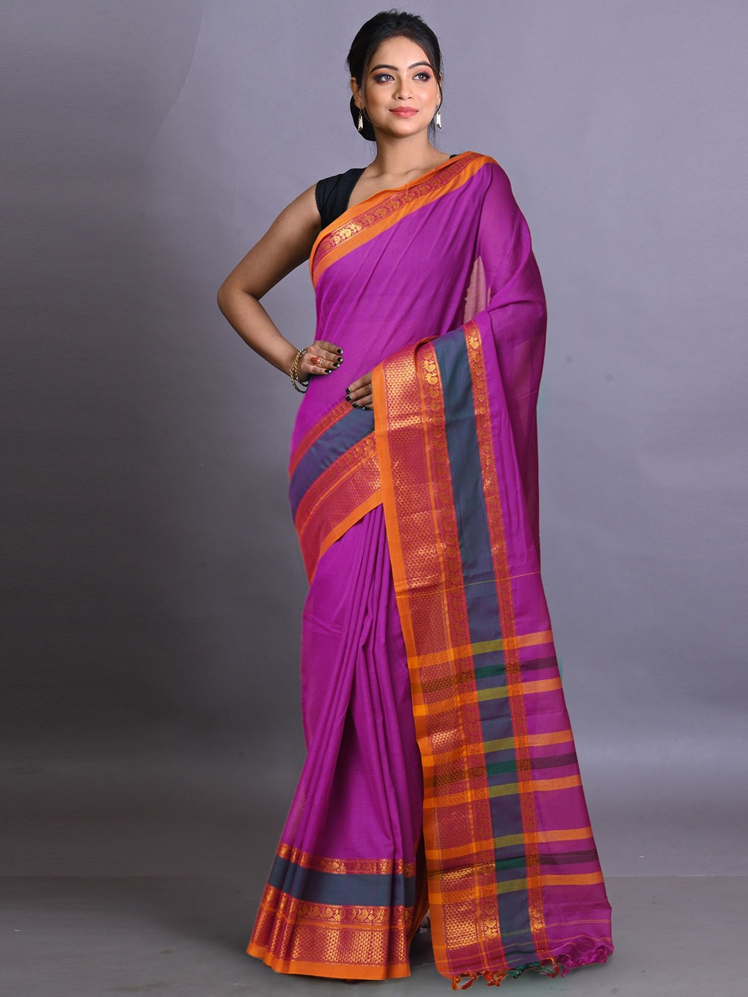 

Unnati Silks Zari Pure Cotton Handloom Narayan Peth Saree, Pink