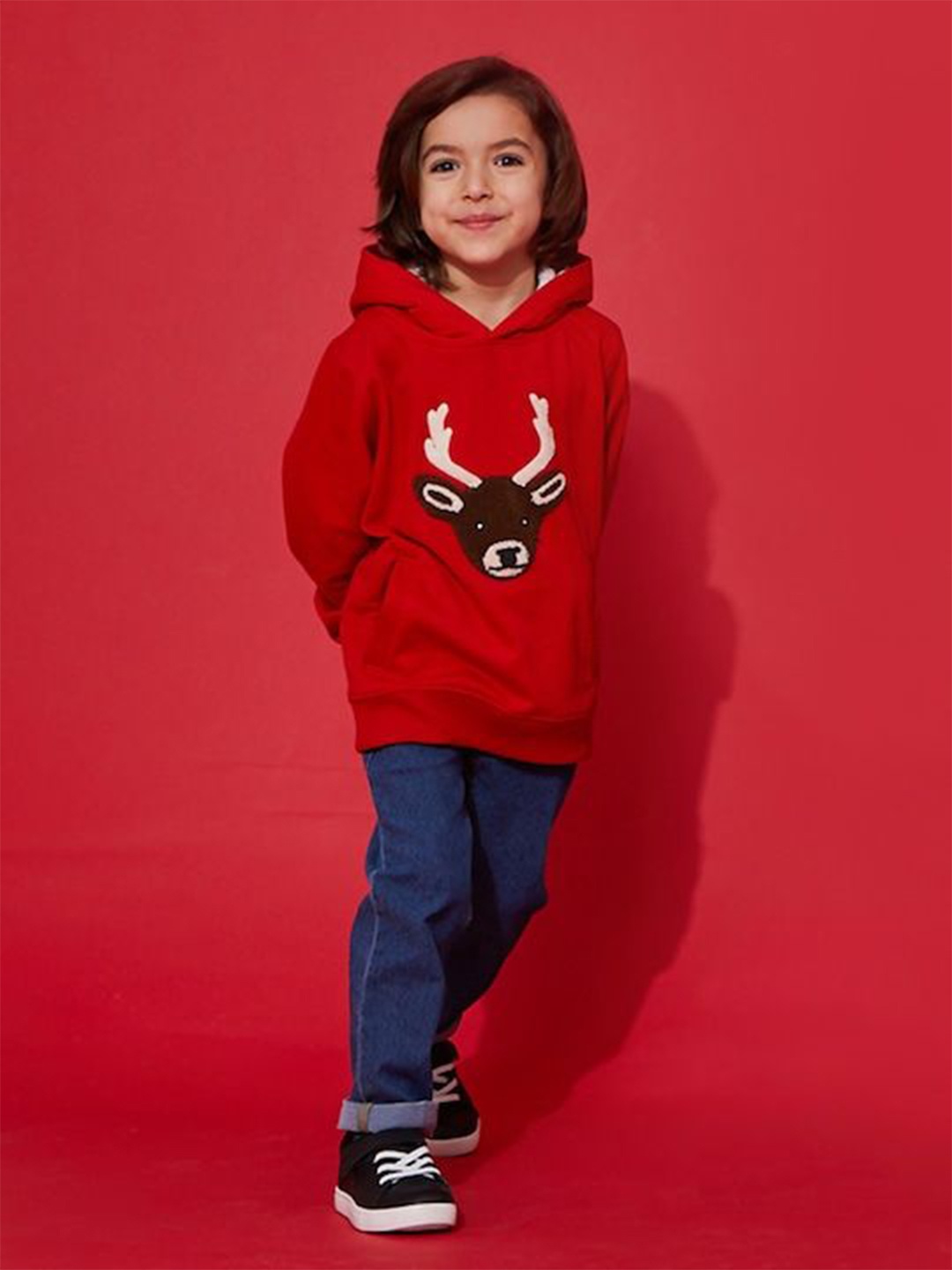 

Cherry Crumble Kids Embroidered Cotton Hooded Festive Wear Sweatshirt, Red