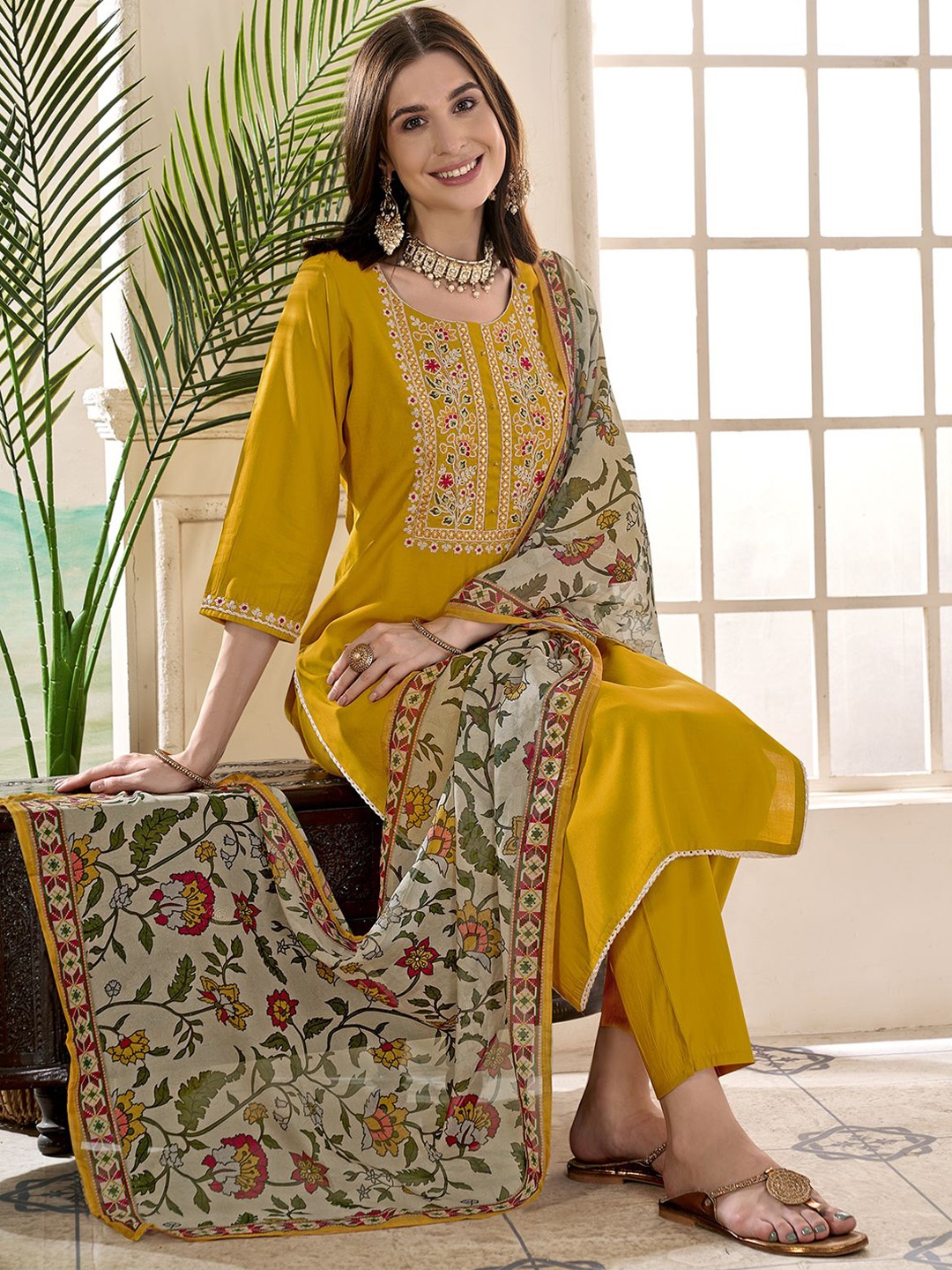 

Anouk Women Ethnic Motifs Embroidered Regular Thread Work Kurta with Trousers & With Dupatta, Yellow