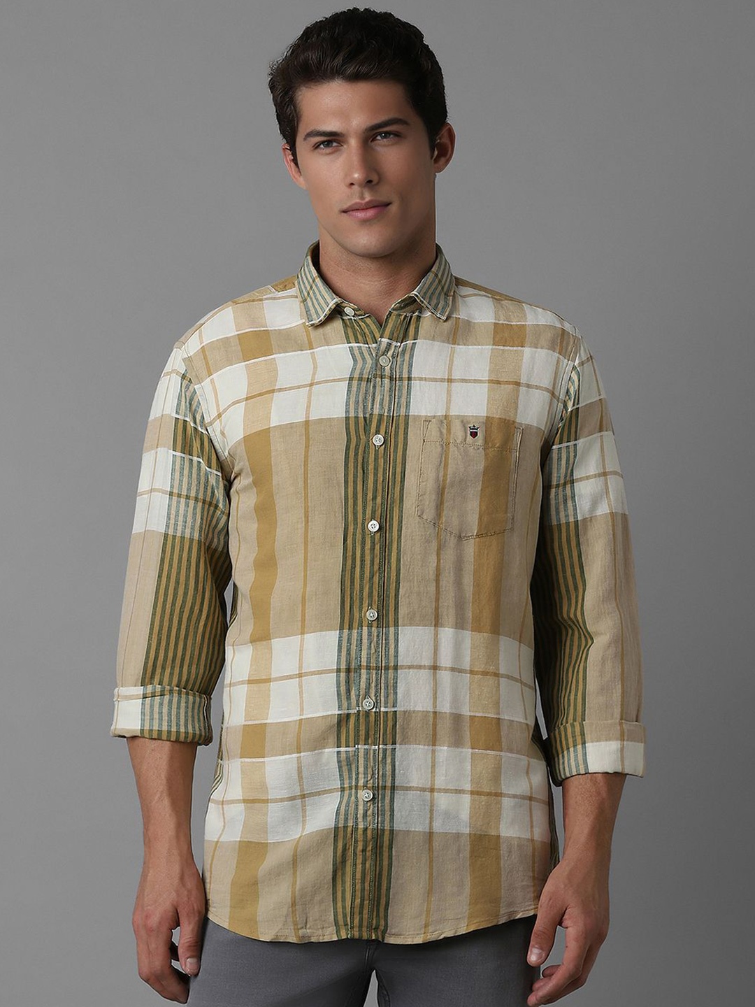 

Louis Philippe Jeans Men Slim Fit Opaque Checked Casual Shirt, Khaki