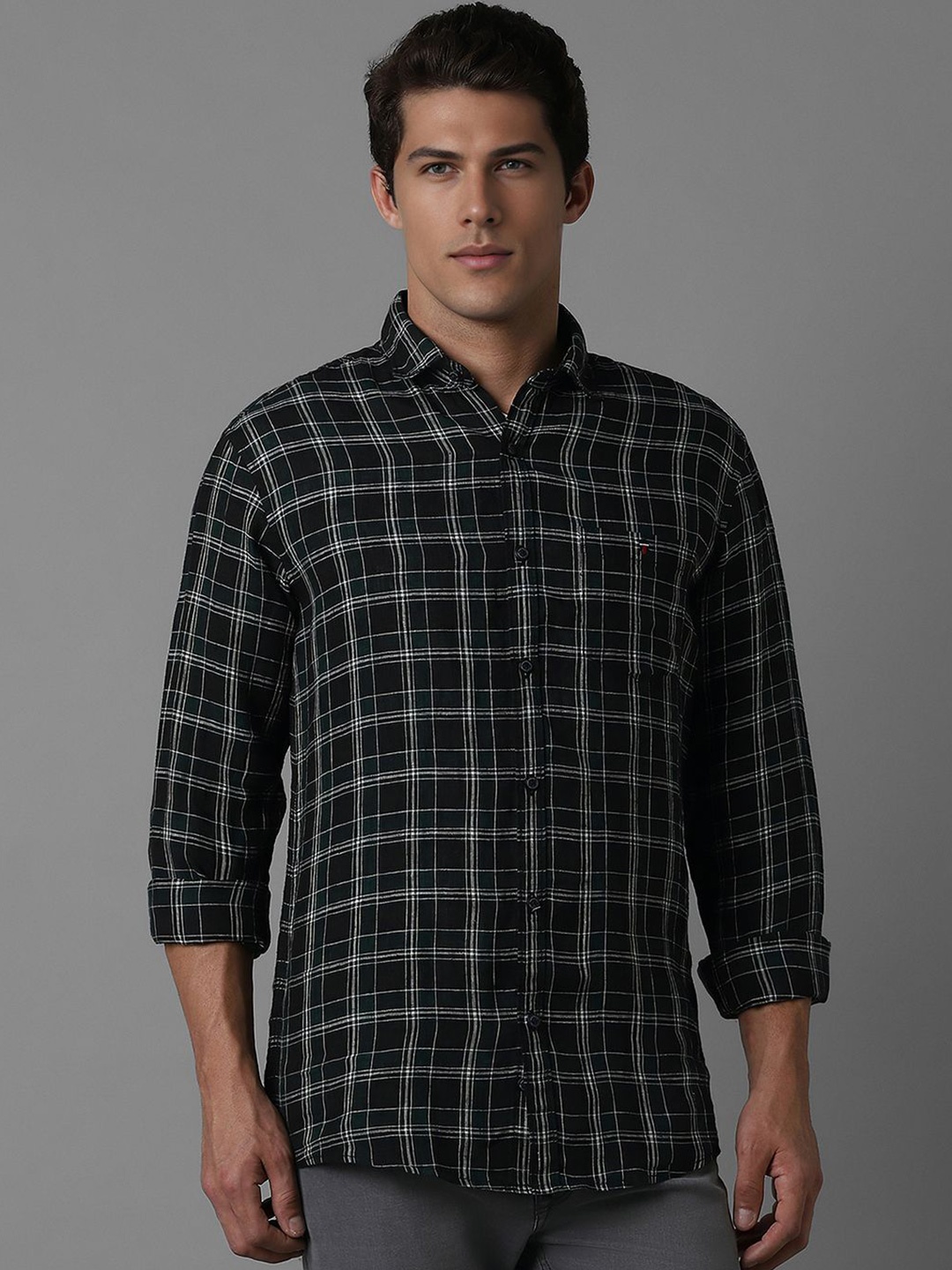 

Louis Philippe Jeans Men Slim Fit Tartan Checks Opaque Checked Casual Shirt, Black