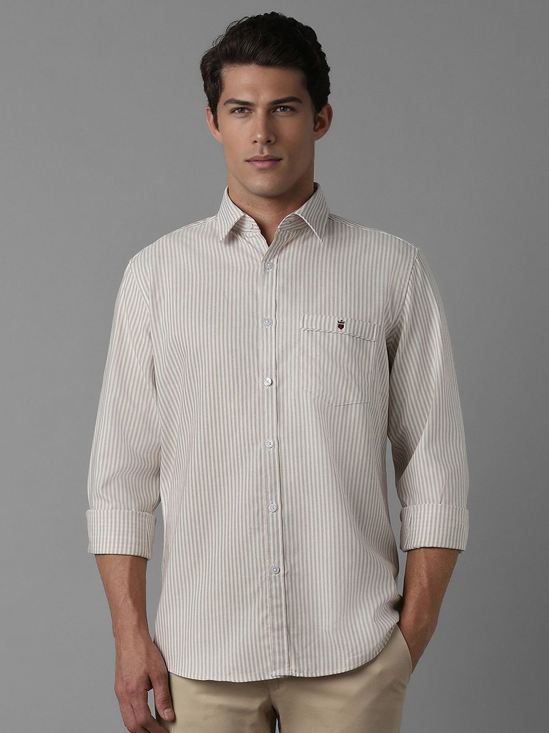 

Louis Philippe Sport Men Slim Fit Opaque Striped Casual Shirt, Beige