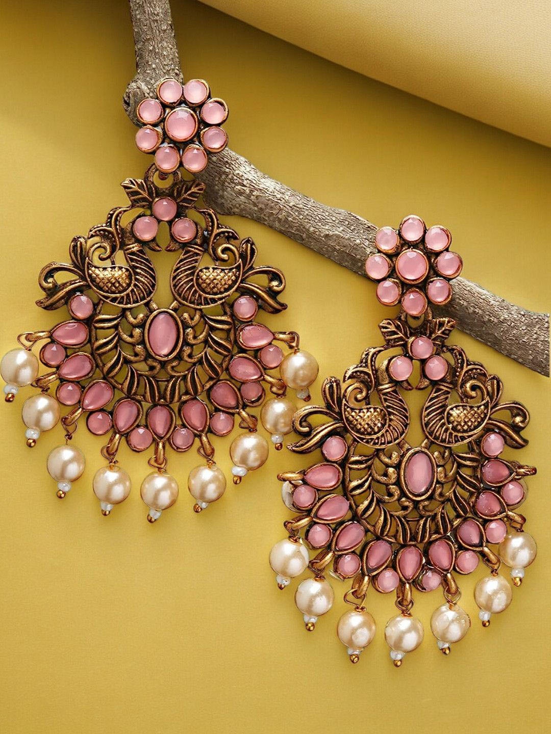 

OOMPH Peacock Shaped Drop Earrings, Pink