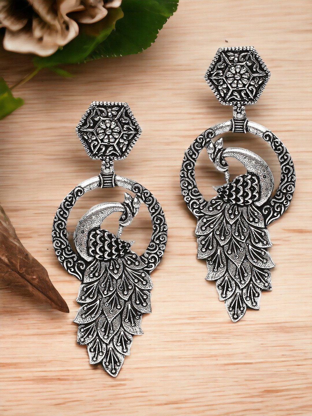 

OOMPH Peacock Shaped Drop Earrings, Silver