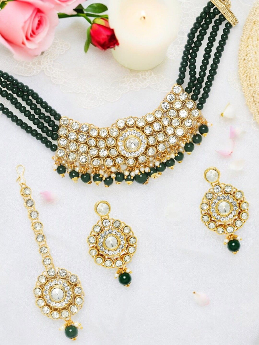 

OOMPH Kundan Studded & Beaded Multi Layer Ethnic Choker Necklace Jewellery Set, Green