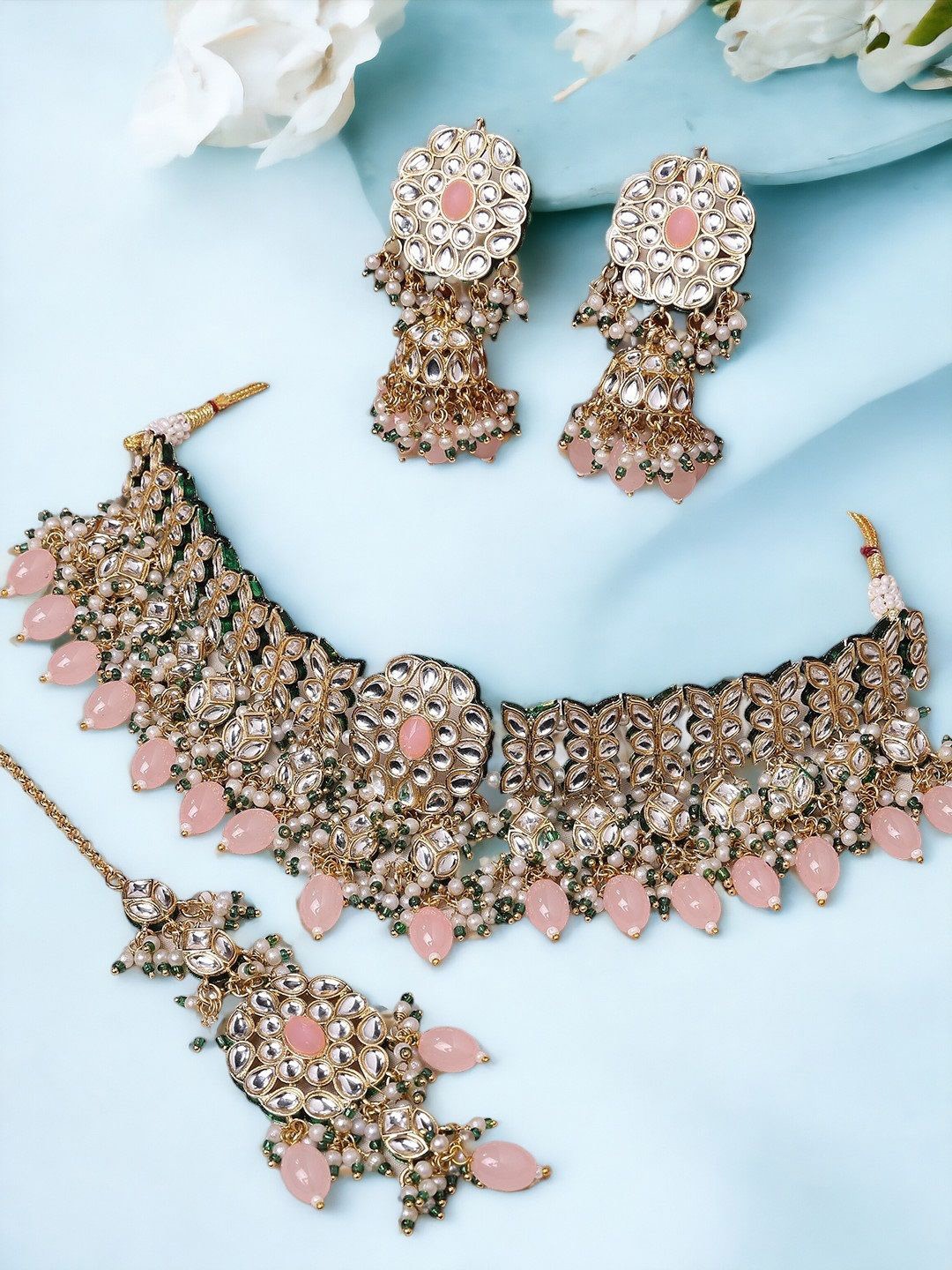 

OOMPH Kundan-Studded & Beaded Jewellery Set, Pink
