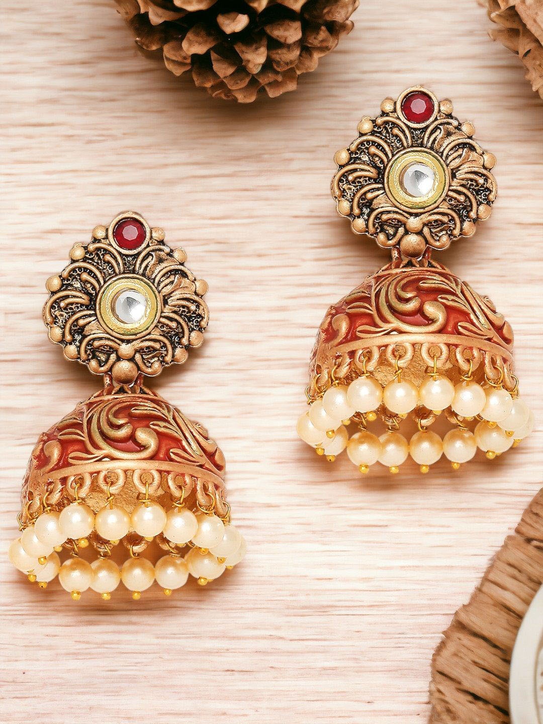 

OOMPH Dome Shaped Jhumkas Earrings, Red
