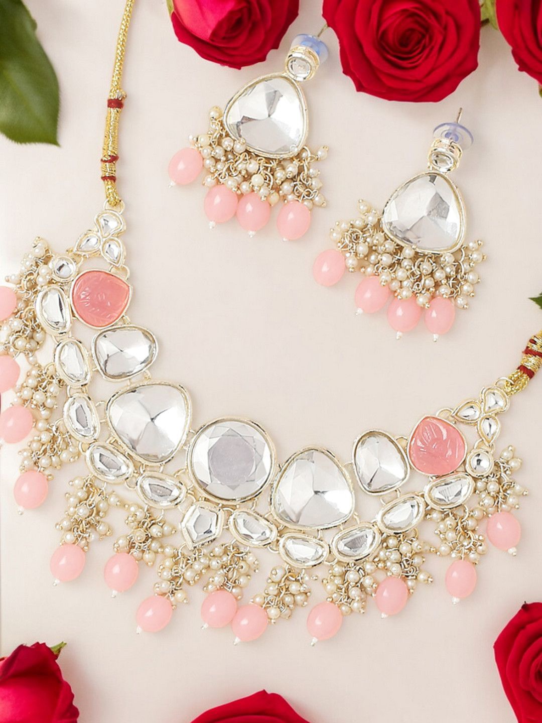 

OOMPH Kundan Stone-Studded & Beaded Details Jewellery Set, Pink