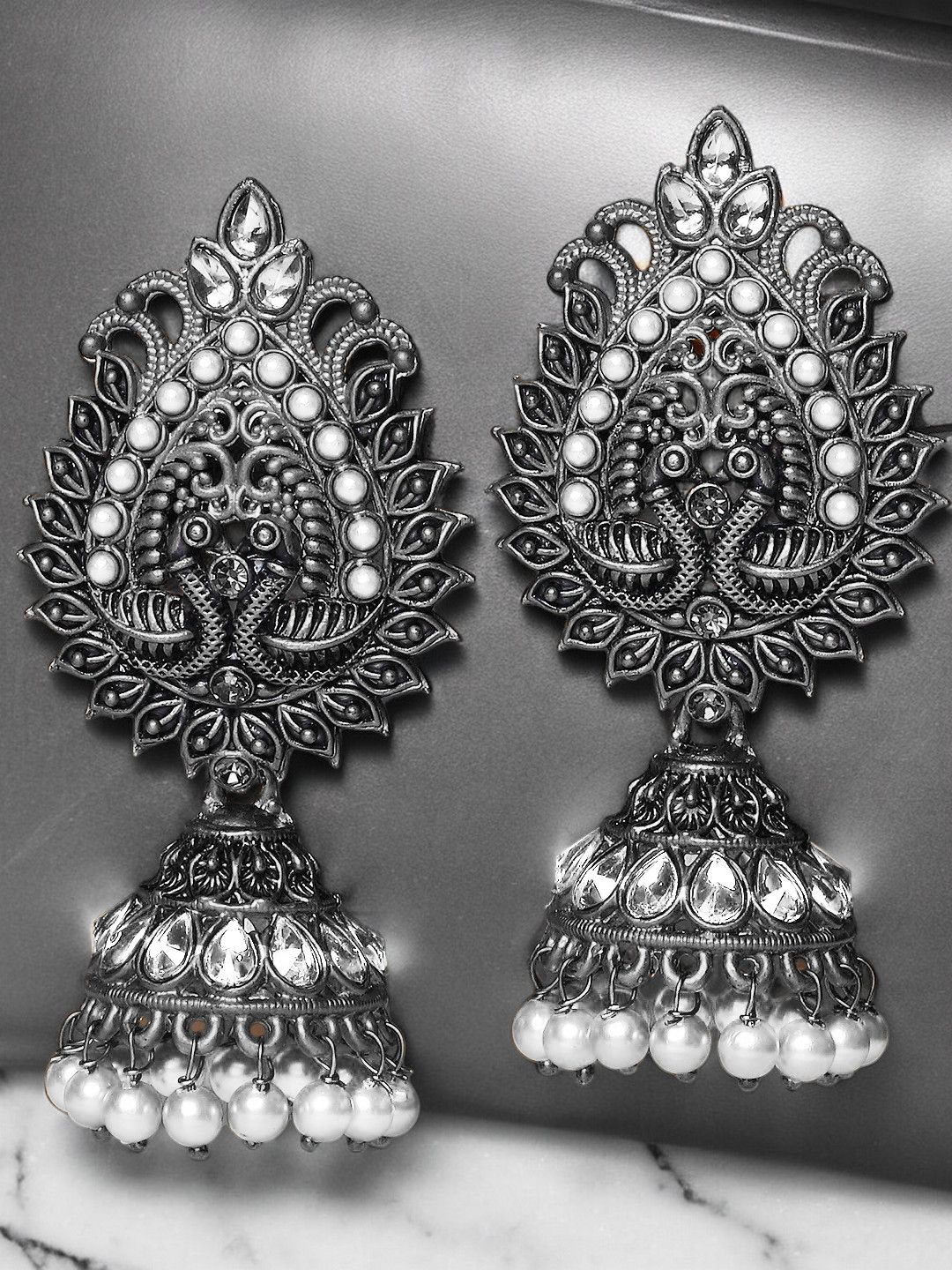 

OOMPH Peacock Shaped Jhumkas Earrings, White