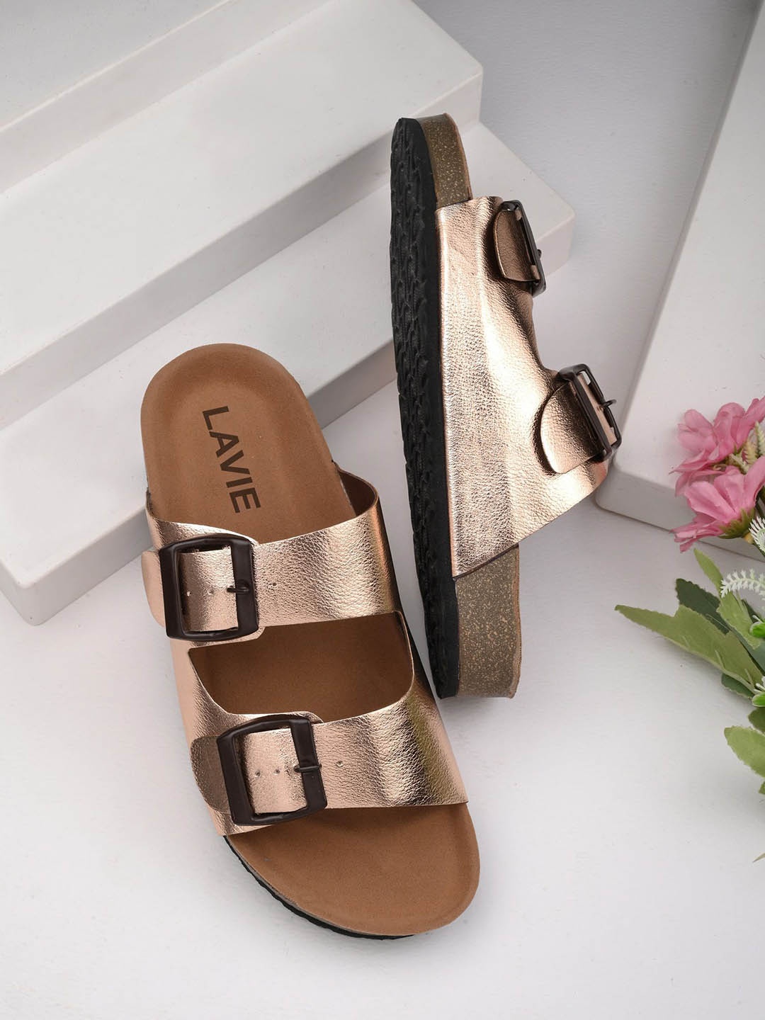 

Lavie Women Open Toe Flats with Buckles, Rose gold
