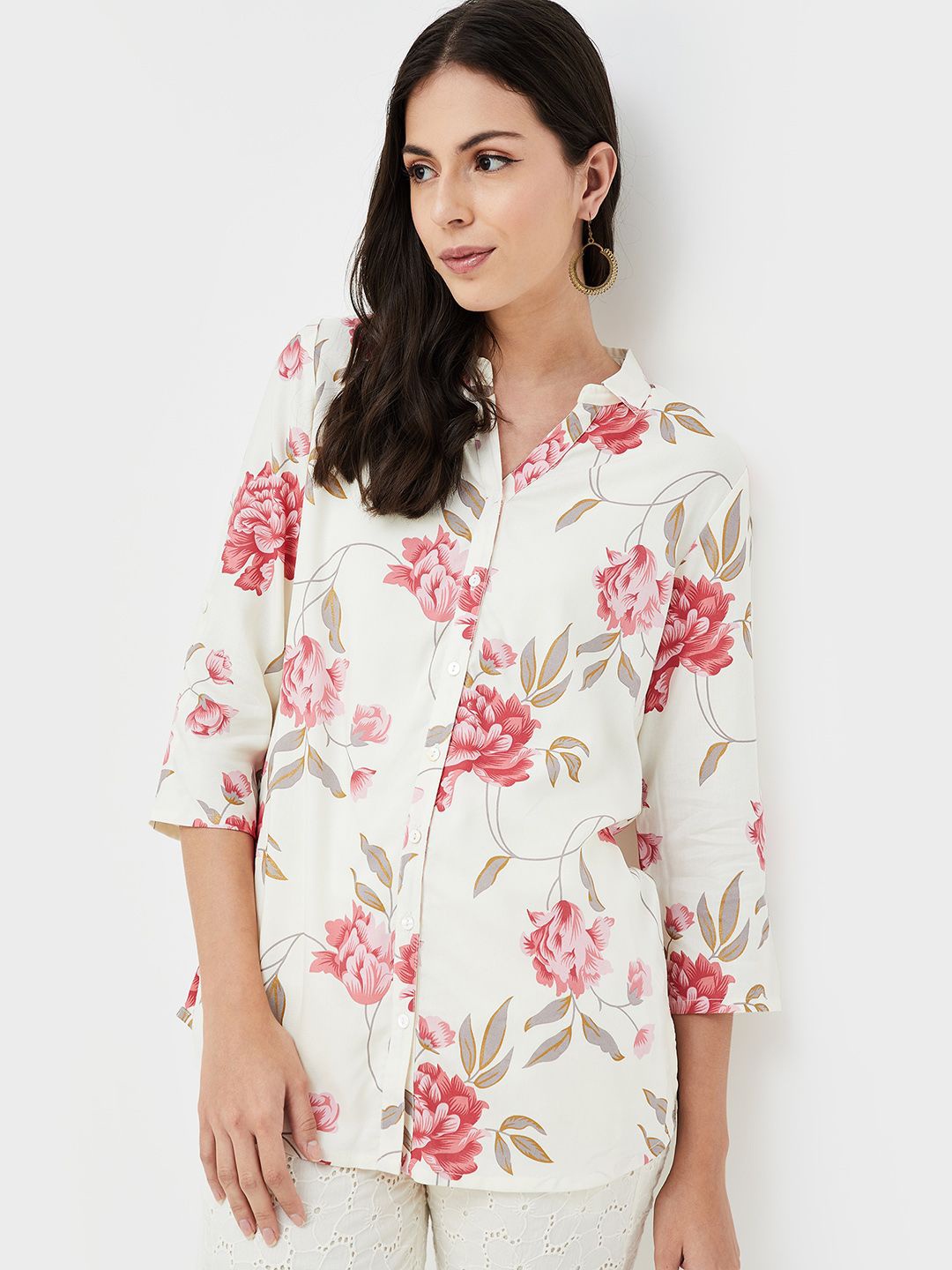 

Melange by Lifestyle Printed Three-Quarter Sleeves Shirt CollarTunic, Off white