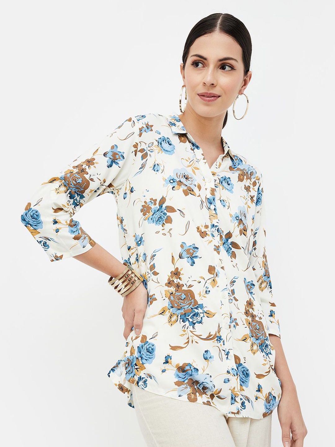 

Melange by Lifestyle Viscose Rayon Shirt Collar Printed Tunic, Off white
