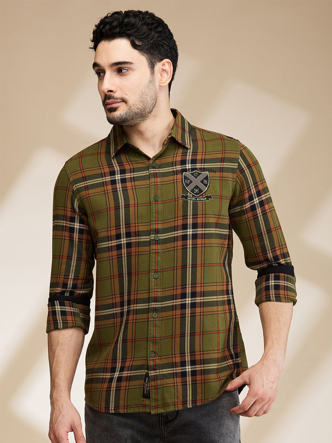 

Being Human Men Slim Fit Tartan Checks Opaque Checked Casual Shirt, Beige
