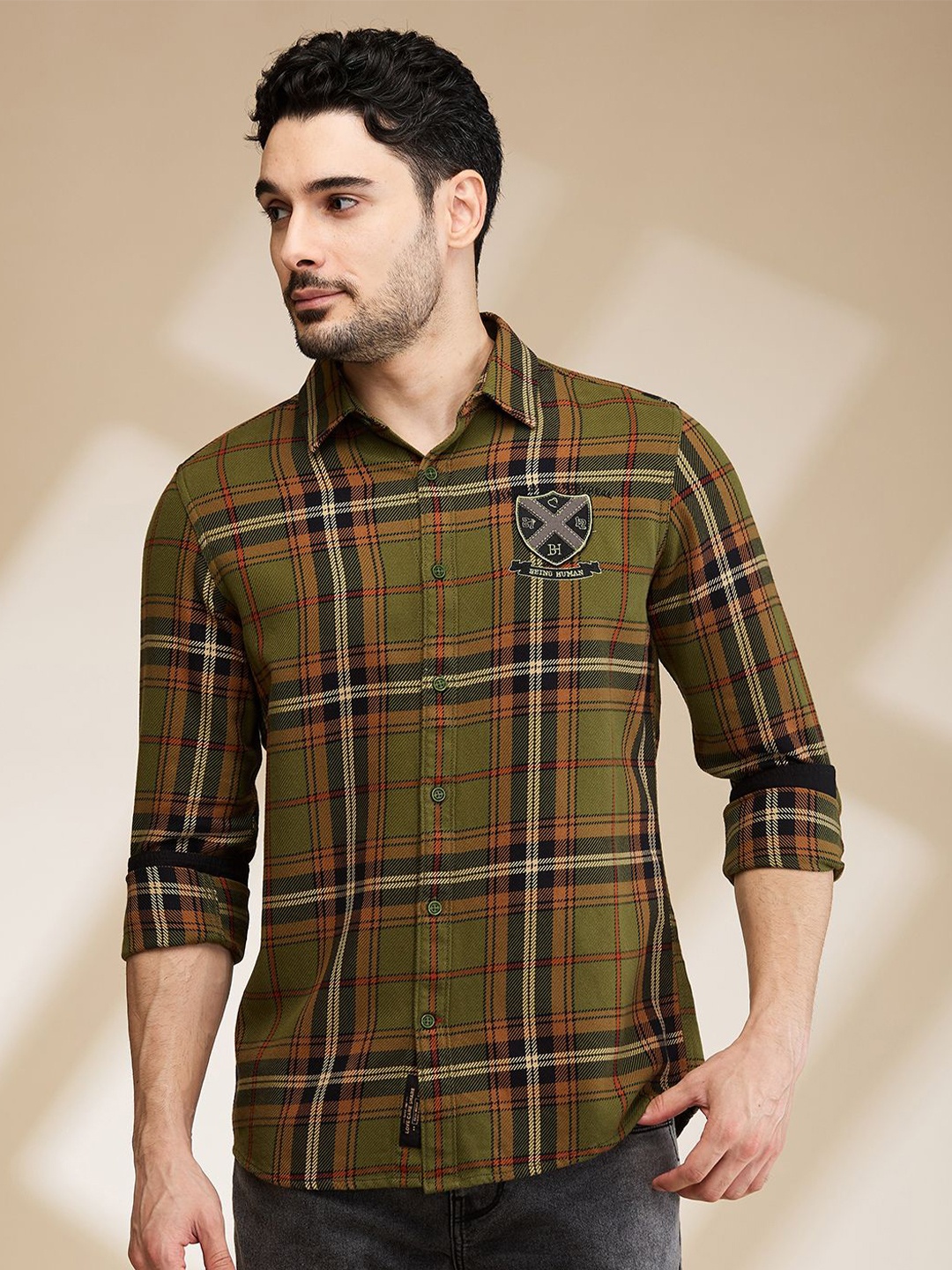 

Being Human Men Slim Fit Tartan Checks Opaque Checked Casual Shirt, Beige